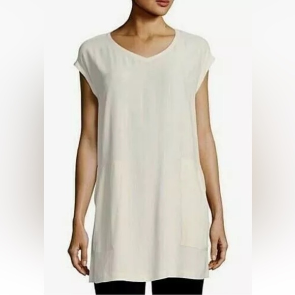 238.00 NWT Eileen Fisher Fine Organic Linen Crepe V-neck Tunic Bone - Picture 4 of 5